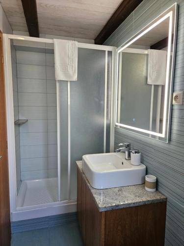 a bathroom with a sink and a shower at Villa Dora in Bajčići