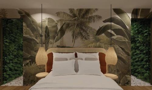 a bedroom with a bed with plants on the wall at Escape - Suite with Balneo and Sauna - Downtown in Pontarlier