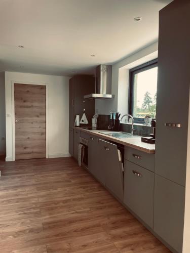 Il comprend une cuisine avec des placards gris et du parquet. dans l'établissement Gîte les pins - Maison cosy et calme à Ardres, à Ardres