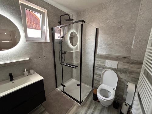 a bathroom with a shower and a toilet and a sink at Apartmán u zajaca v Liptovskom Trnovci in Liptovský Trnovec