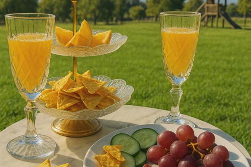 two glasses of orange juice and chips on a table at African Hut Camp - Free Massage With Sauna And Hot Tub in Tulbagh