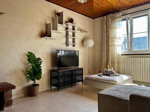 a living room with a television and a table at Villa à 30 min des parcs Asterix et Disneyland in Chelles