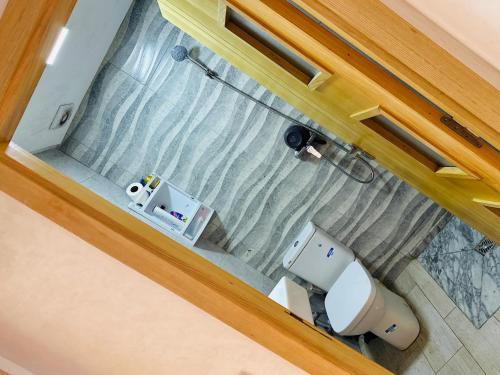 an overhead view of a bathroom with a toilet and a shower at Appartement vu sur mer in Pont Blondin
