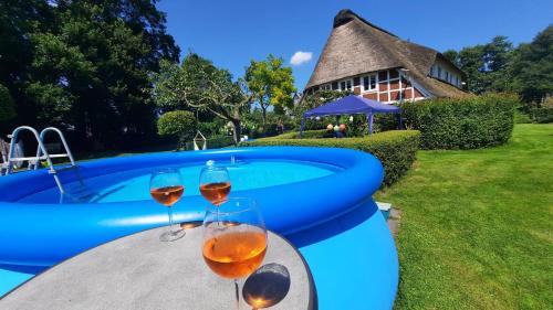 two glasses of wine on a table next to a pool at Altes Landhaus Oste, Appartement- Hotel mit Kamin in Hemmoor