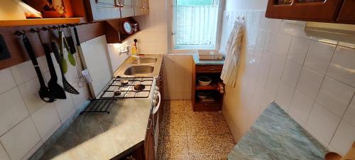 a small kitchen with a stove and a sink at Ibolya Nyaralóház Fonyód in Fonyód