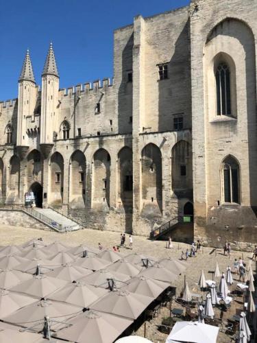 a large stone building with umbrellas in front of it at Hôtel du Palais des Papes in Avignon