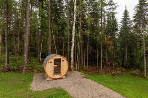 a small wooden cabin in the middle of a forest at Canadian Classic - Spa - Sauna - Fire - Forest in Val-David