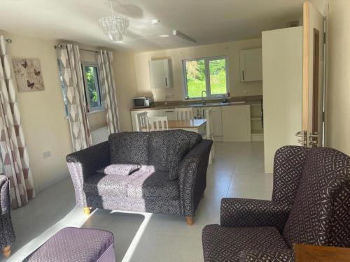 a living room with two chairs and a kitchen at Beechwood Lodge - B in Ballybofey