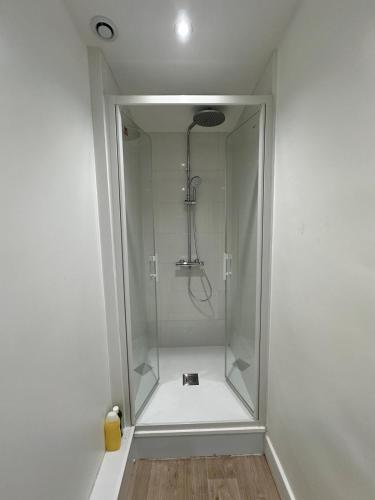 a shower with a glass door in a bathroom at Apartment in city center - Garage - Beach 200 m in Berck-sur-Mer