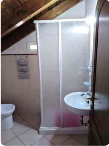 a bathroom with a shower and a sink and a toilet at La Mansarda 800metri da Ravello in Scala