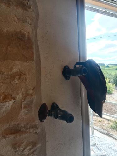 a door knob on a window with a bird on it at Logement pleine nature in Saint-Bris-le-Vineux