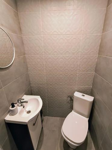 a small bathroom with a toilet and a sink at Apartamenty Ewelka in Okuninka