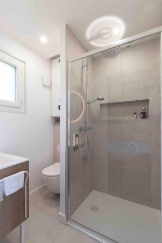 une salle de bain avec une douche en verre et des toilettes dans l'établissement Cabana & Studio Alpin Annecy - Terrasse Parking, à Argonay
