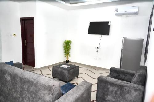 a living room with two couches and a tv at Golden Cherry Apartments 