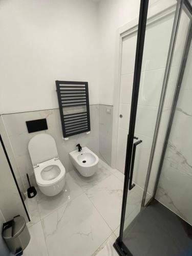 a white bathroom with a toilet and a sink at Alloggio comodo a Rapallo - Vicino al Mare in Rapallo