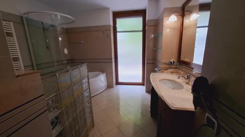 a bathroom with a sink and a large mirror at The Happy Goat Apartment in Germignaga