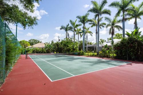 a tennis court with palm trees in the background at Tranquil Court Oasis in Sarasota
