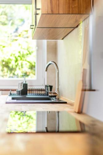 a kitchen with a sink and a window at Diuna Apartamenty 365 in Pustkowo