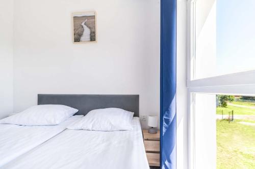 a bedroom with two beds next to a window at Diuna Apartamenty 365 in Pustkowo