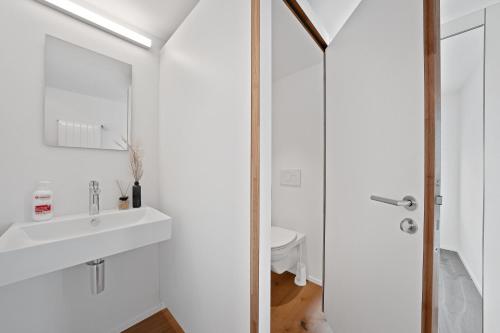 a white bathroom with a sink and a mirror at Gasthaus Oberer Gäbris in Gais