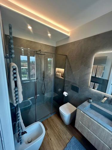 a bathroom with a shower and a toilet and a sink at Rustico del Chiasso in Capannori