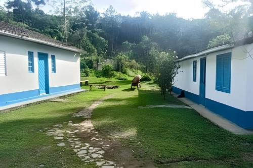 a horse standing in a yard between two buildings at Vila de Casas de Campo Rústica e Aconchegante na Mata Atlântica in Juquitiba