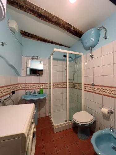 a bathroom with a shower and a toilet and a sink at Sardinian Gallery Bonaria in Bosa