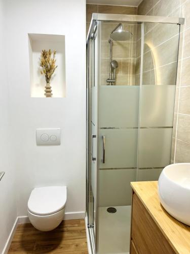 une salle de bain avec une douche en verre et des toilettes dans l'établissement Escapade cocooning aux portes de Genève et du Lac Léman, à Douvaine