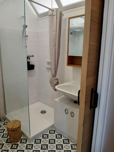 a bathroom with a sink and a shower at Front de mer - Le Barcarès in Le Barcarès
