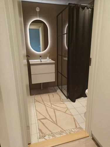 a bathroom with a sink and a mirror at Modern Apartment With Pool & Fitness in Hejls