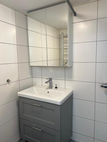 a bathroom with a sink and a mirror at Cozy room with 2 single bed in Landskrona in Landskrona