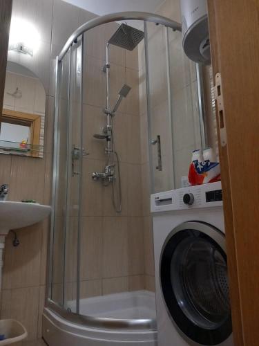 a bathroom with a shower and a washing machine at Studio apartman Eden sea view in Njivice