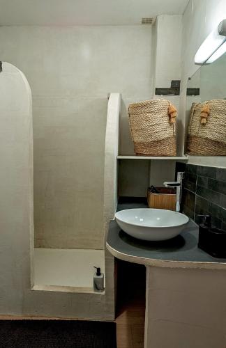 a bathroom with a sink and a shower at Appartement dans le centre médiéval in Hyères
