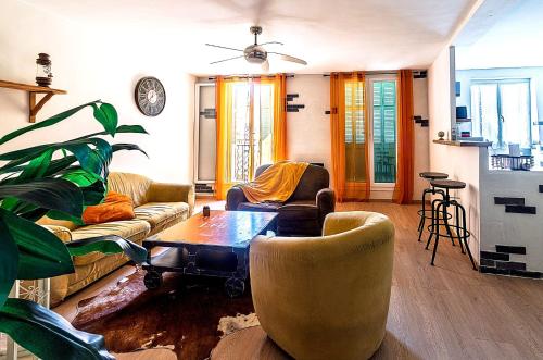 a living room with couches and a table and a plant at Appartement dans le centre médiéval in Hyères