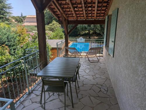 un patio avec une table et des chaises et une piscine dans l'établissement Le Pistoulet, à Saint-Siffret
