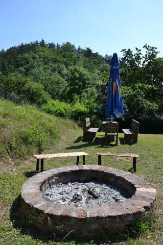 a fire pit with two benches and an umbrella at Župky in Županovice