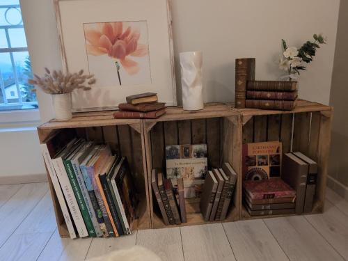 a book shelf filled with books in a room at La Maison d'Arlette - Maison d'Hôte et Gite au coeur de l'Isère à 10 mn de Voiron, capitale de la Chartreuse, et du Lac de Paladru in Saint-Blaise-du-Buis
