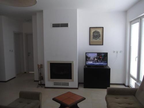 sala de estar con TV de pantalla plana y sofá en Apartment Sredna Gora, en Burgas