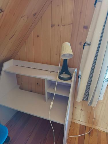 a desk with a lamp in a room at Domek nad Wkrą, okolice Sochocina, kajaki 
