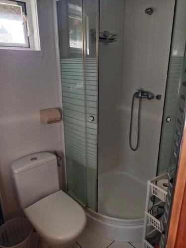 a bathroom with a toilet and a glass shower at Domek nad Wkrą, okolice Sochocina, kajaki 