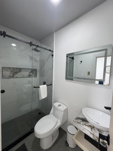 a bathroom with a shower and a toilet and a sink at Hotel The Royalty Inn in Guayaquil