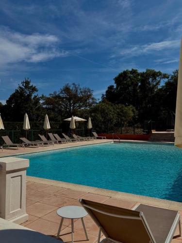 une grande piscine avec chaises longues et parasols dans l'établissement Charmant studio - AC - Piscine - Terrasse - Parking, à Mandelieu-la-Napoule
