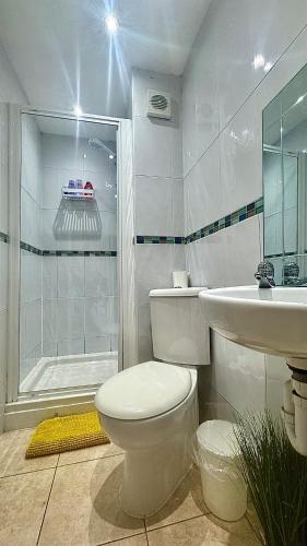 a white bathroom with a toilet and a sink at 4B Millhill Street in Dunfermline