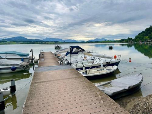 two boats are docked at a dock on a lake at wallerseehomes 110 in Baierham