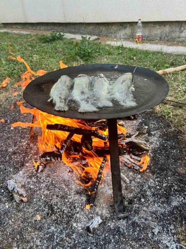 a plate of food sitting on top of a fire at Bungalov Veruša in Podgorica