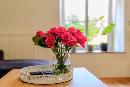 a vase of red roses sitting on a table at Apartament na Okrężnej in Świebodzin