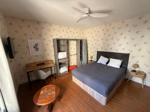 - une chambre avec un lit, un bureau et un ventilateur dans l'établissement Amboise Douceur de Vivre, à Amboise