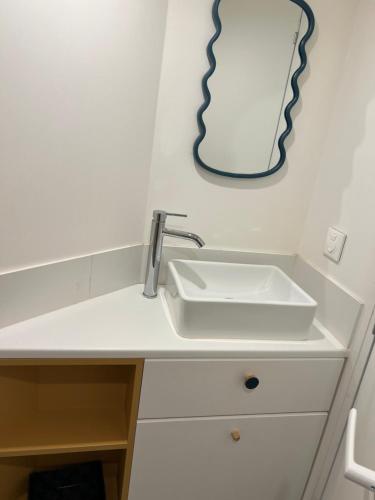 une salle de bain avec un lavabo et un miroir au mur dans l'établissement Joli studio, à Marseille