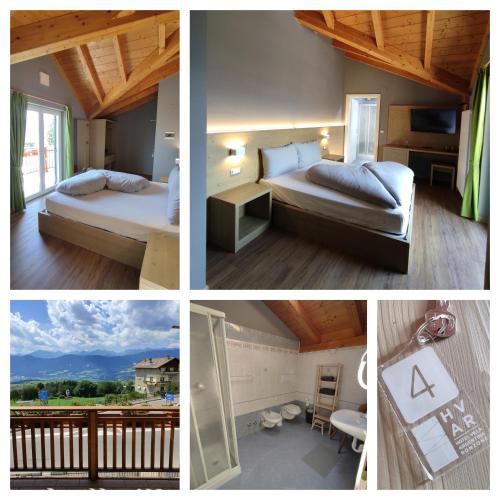 a collage of four pictures of a hotel room at Hotel Villa Argentina Ronzone in Ronzone