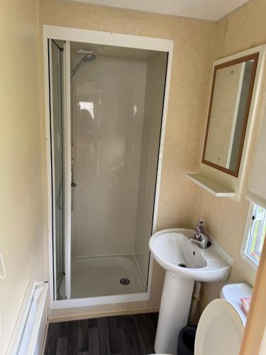 a bathroom with a shower and a sink at ABI Vista Caravan, Whitley Bay in Whitley Bay